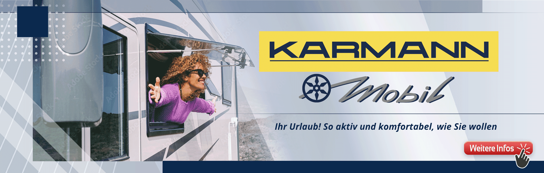 Headerbild mit dem KARMANN mobil Logo und Claim Ihr Urlaub! So aktiv und komfortabel, wie Sie wollen und dem Button Weiter Infos