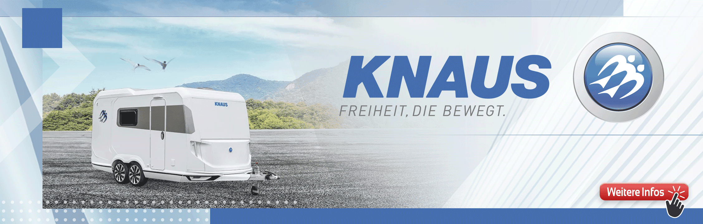 Headerbild mit dem KNAUS Logo und Claim - Freiheit, die bewegt und dem Button Weiter Infos